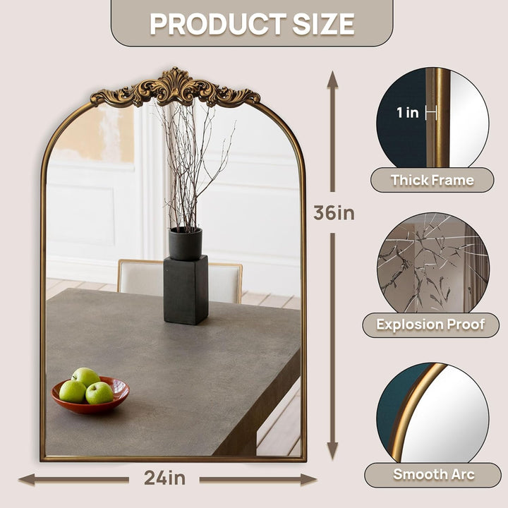 Ornate Baroque Vintage Gold Mirror - 24"X36" Arched Antique Brass Mirror with Full Metal Frame - Perfect for Entryway, Fireplace, Living Room, Hallway, or Bathroom Décor