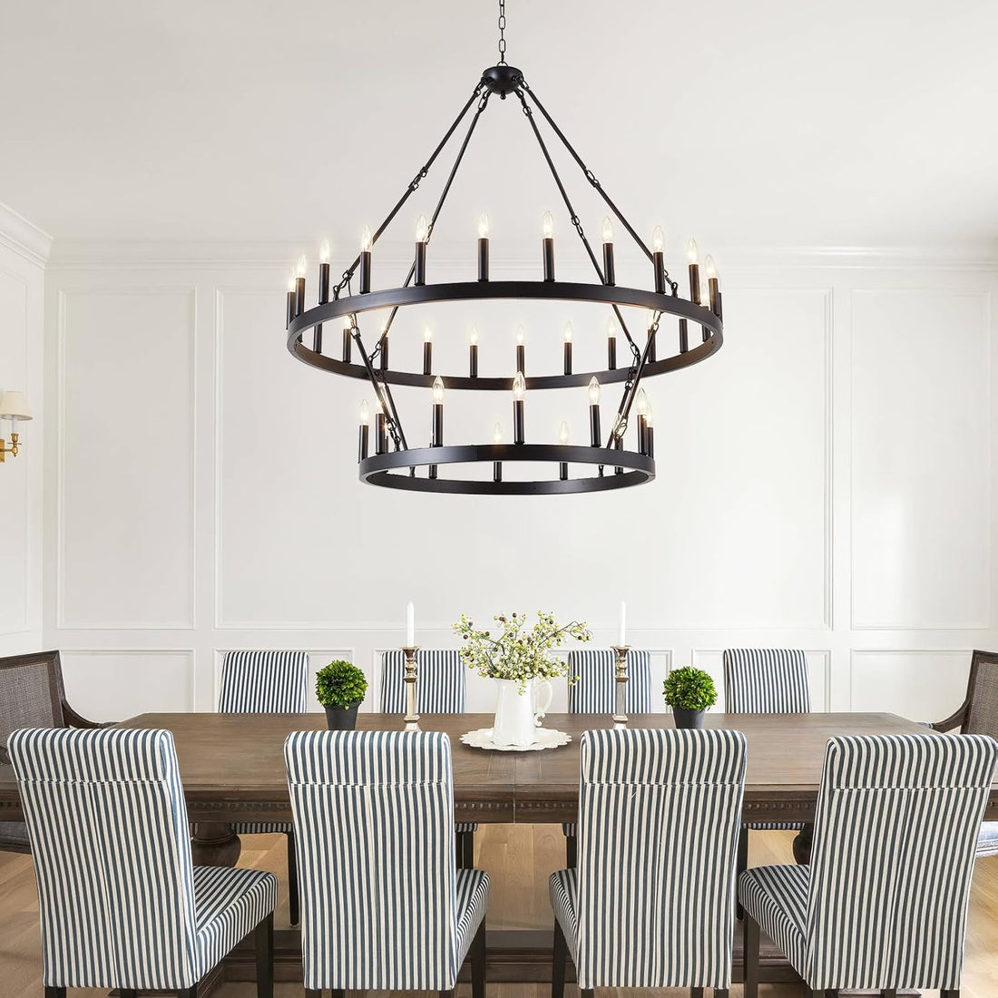 Black Wagon Wheel Chandelier 2 Tier 36-Light, 48-Inch Large Farmhouse Industrial Chandelier Round Rustic Pendant Light Fixture for High Ceilings Foyer, Entryway, Dining Room, E12