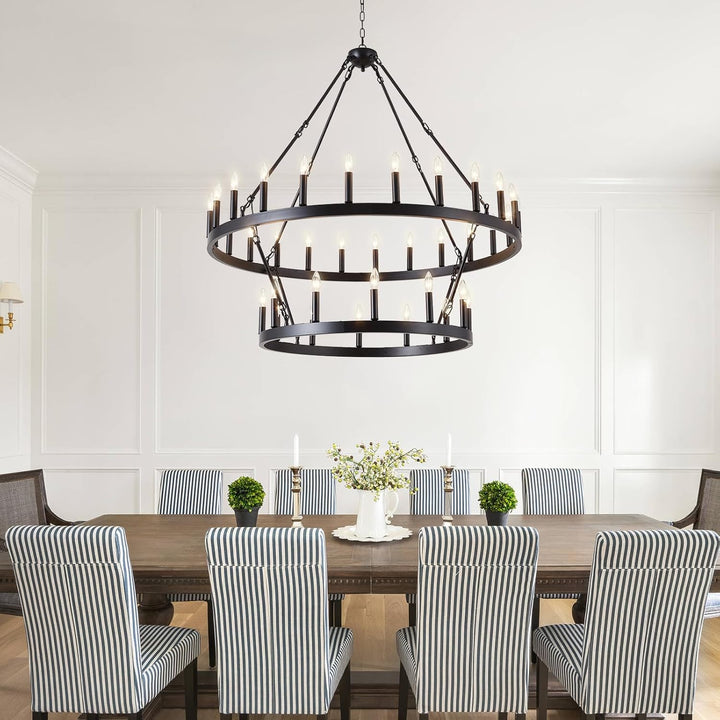 Black Wagon Wheel Chandelier 2 Tier 36-Light, 48-Inch Large Farmhouse Industrial Chandelier Round Rustic Pendant Light Fixture for High Ceilings Foyer, Entryway, Dining Room, E12
