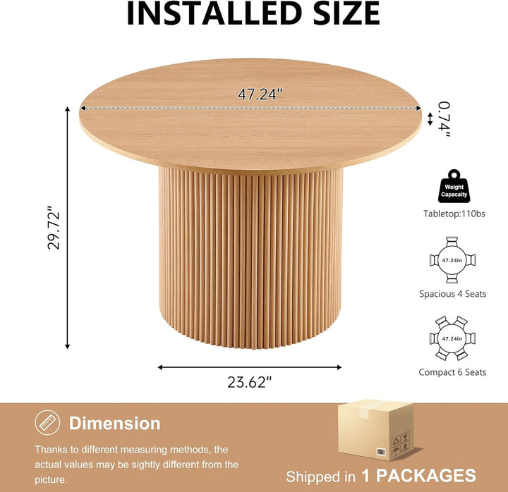 47.24-Inch Round Dining Table Fluted for 4-6 People, Modern Mid-Century Circle Kitchen Table with Two-Part Tabletop & Engineered Wood Stripe Columns Base, Oak Wood Veneer Tabletop, Metal Frame