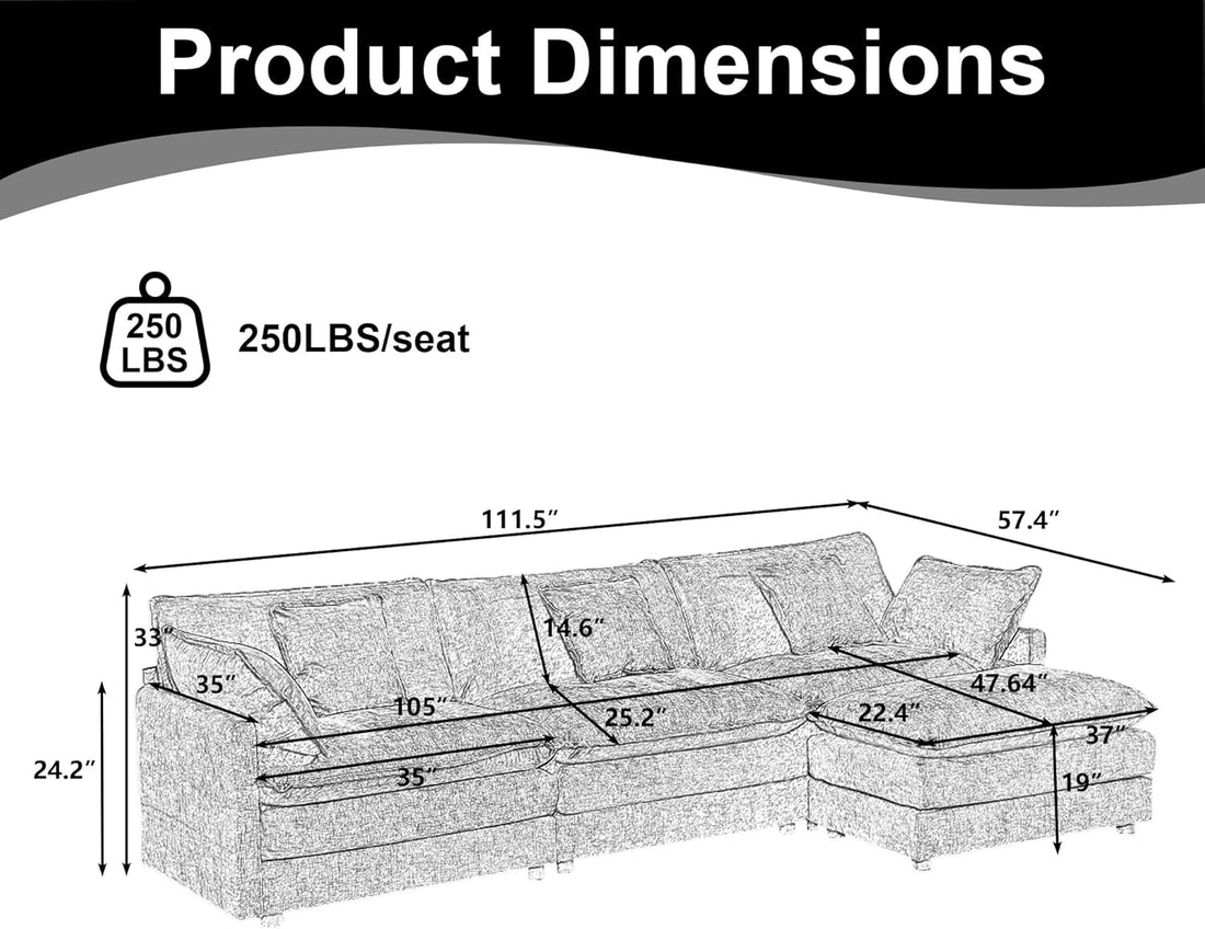 GNIXUU 111.5“ Modular Sectional Sofa, Comfy Chenille Cloud Couch with Movable Ottoman, L Shaped Sectional Couches for Living Room, Apartment, Office(Beige White)