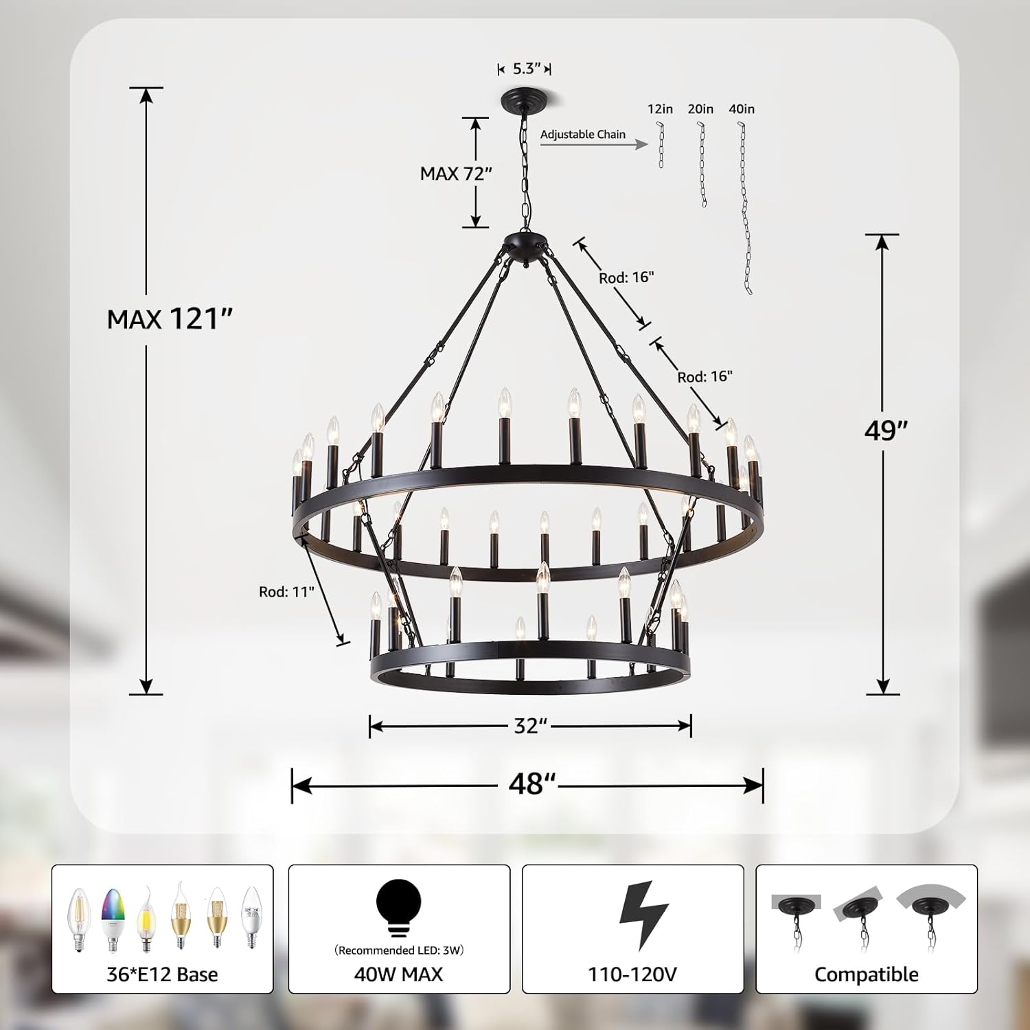 Black Wagon Wheel Chandelier 2 Tier 36-Light, 48-Inch Large Farmhouse Industrial Chandelier Round Rustic Pendant Light Fixture for High Ceilings Foyer, Entryway, Dining Room, E12