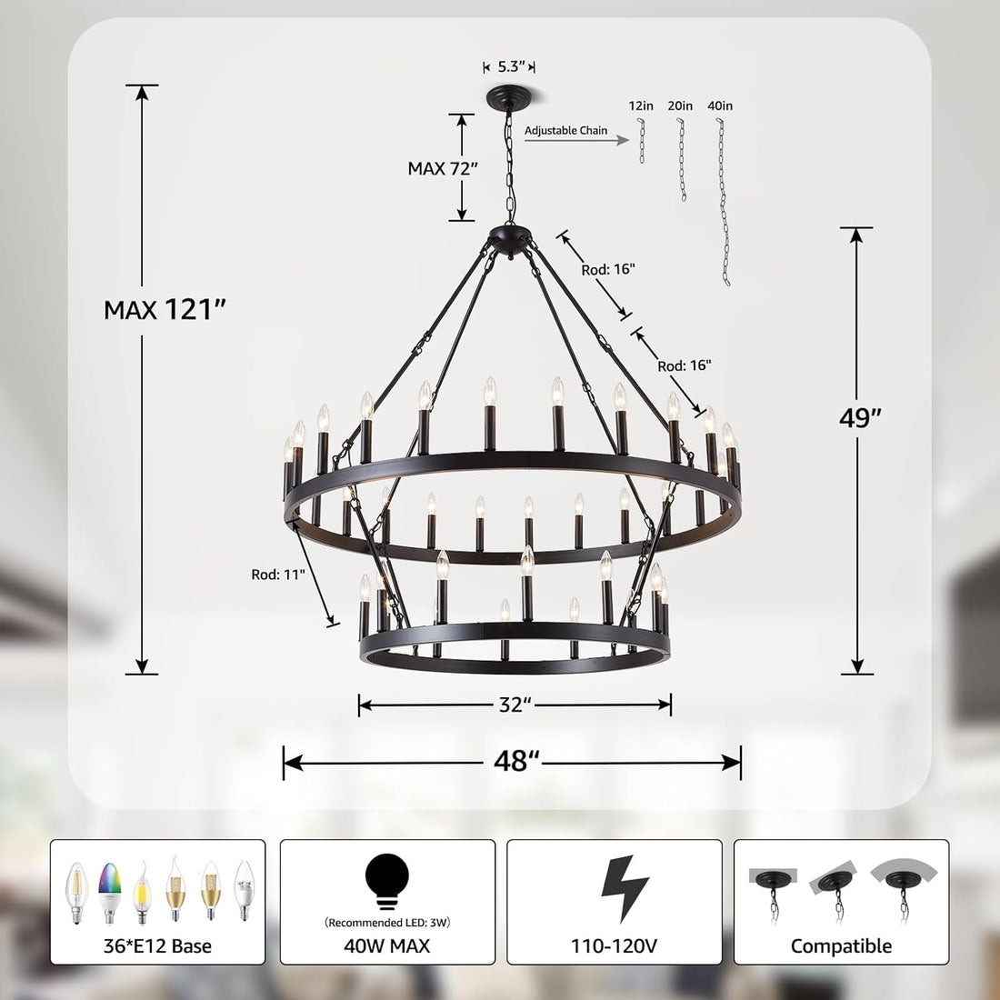 Black Wagon Wheel Chandelier 2 Tier 36-Light, 48-Inch Large Farmhouse Industrial Chandelier Round Rustic Pendant Light Fixture for High Ceilings Foyer, Entryway, Dining Room, E12