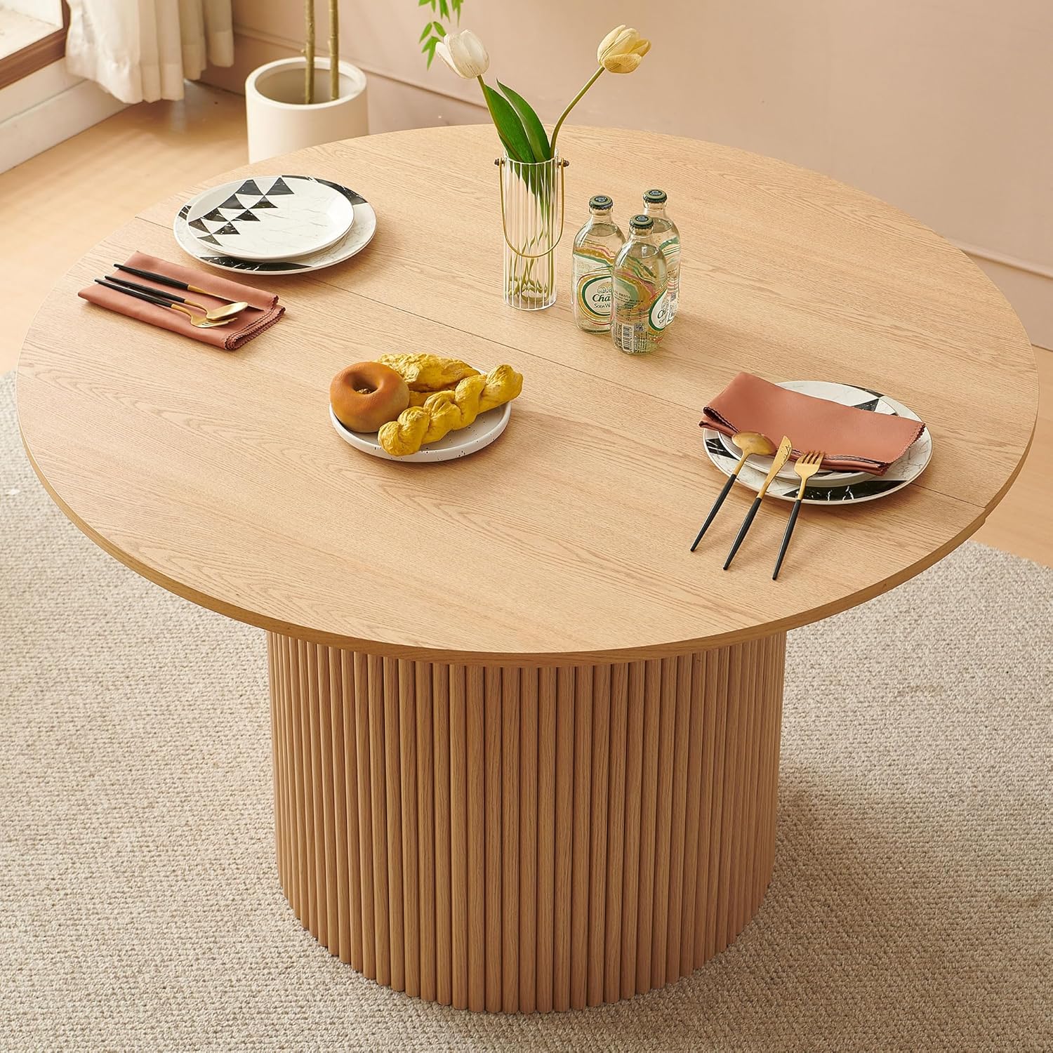 47.24-Inch Round Dining Table Fluted for 4-6 People, Modern Mid-Century Circle Kitchen Table with Two-Part Tabletop & Engineered Wood Stripe Columns Base, Oak Wood Veneer Tabletop, Metal Frame