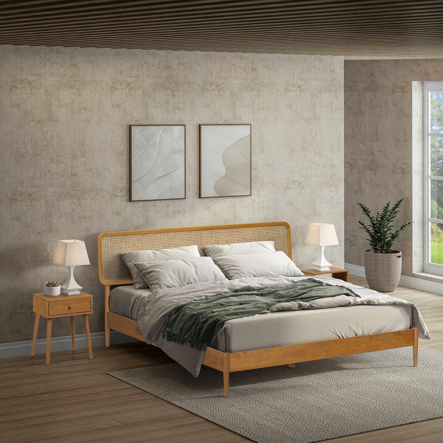 NTC Lupin Wooden Bed Frame with Headboard and Natural Rattan, Solid Oak/Rubber Wood Foundation with Silent Slats, 1000 Lb Capacity, Effortless Assembly (Natural Cane - Rustic Oak, King) : Home & Kitchen