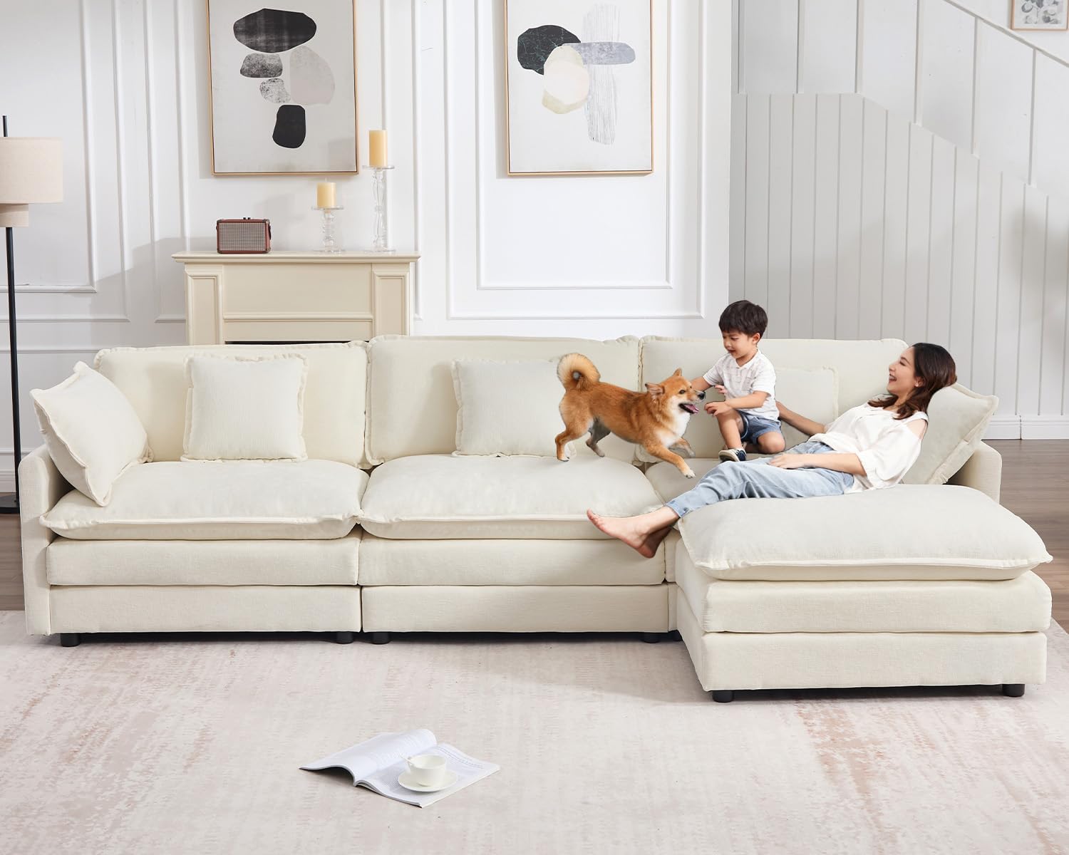 GNIXUU 111.5“ Modular Sectional Sofa, Comfy Chenille Cloud Couch with Movable Ottoman, L Shaped Sectional Couches for Living Room, Apartment, Office(Beige White)