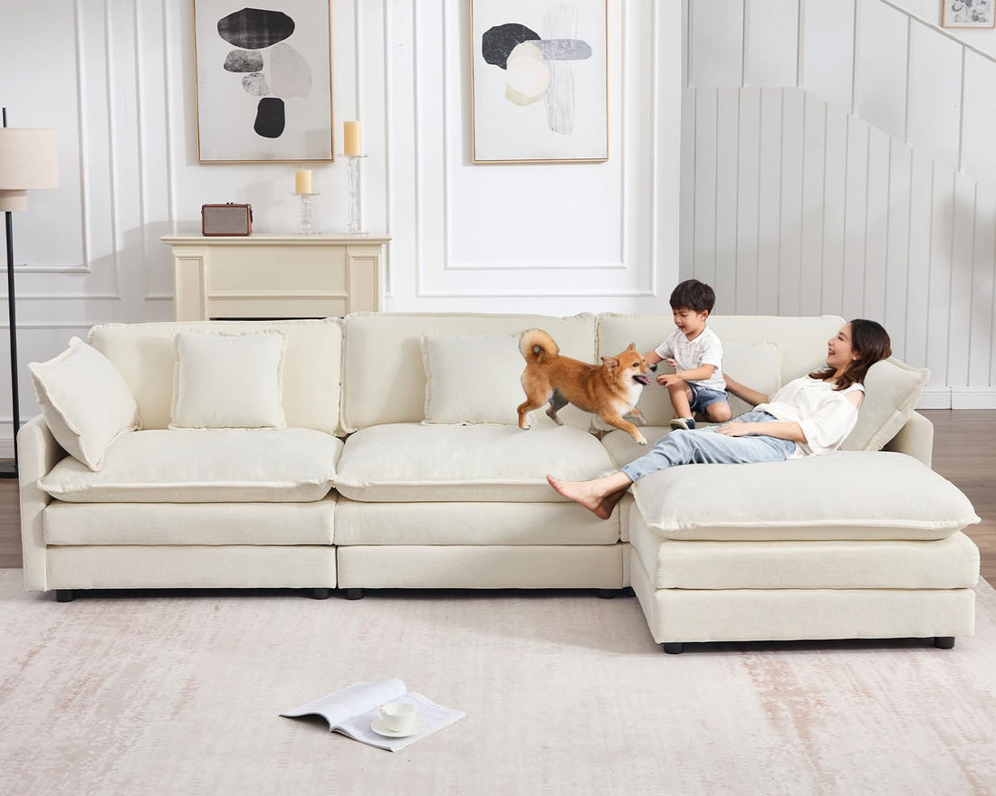 GNIXUU 111.5“ Modular Sectional Sofa, Comfy Chenille Cloud Couch with Movable Ottoman, L Shaped Sectional Couches for Living Room, Apartment, Office(Beige White)