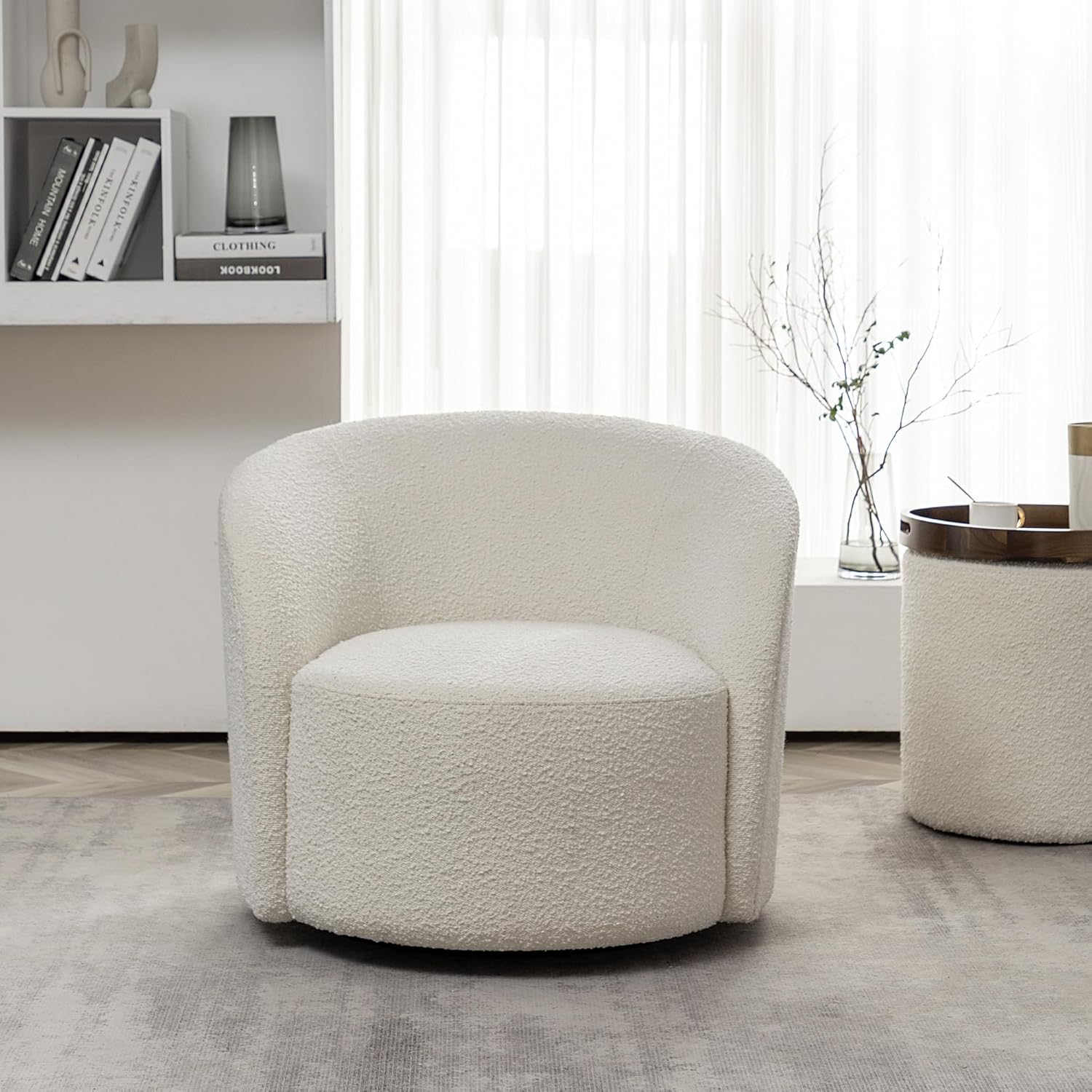 KINWELL 34" W Mid Century Modern Swivel Barrel Chair, Round Upholstered Boucle Swivel Accent Chairs, No Assembly Sofa Chair for Living Room Bedroom Reading Apartment Lounge Nursery(Cream) : Home & Kitchen
