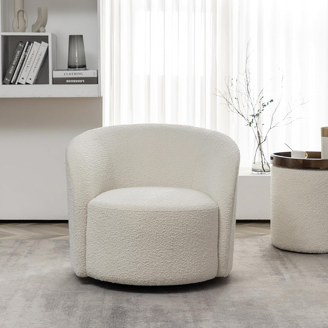 KINWELL 34" W Mid Century Modern Swivel Barrel Chair, Round Upholstered Boucle Swivel Accent Chairs, No Assembly Sofa Chair for Living Room Bedroom Reading Apartment Lounge Nursery(Cream) : Home & Kitchen