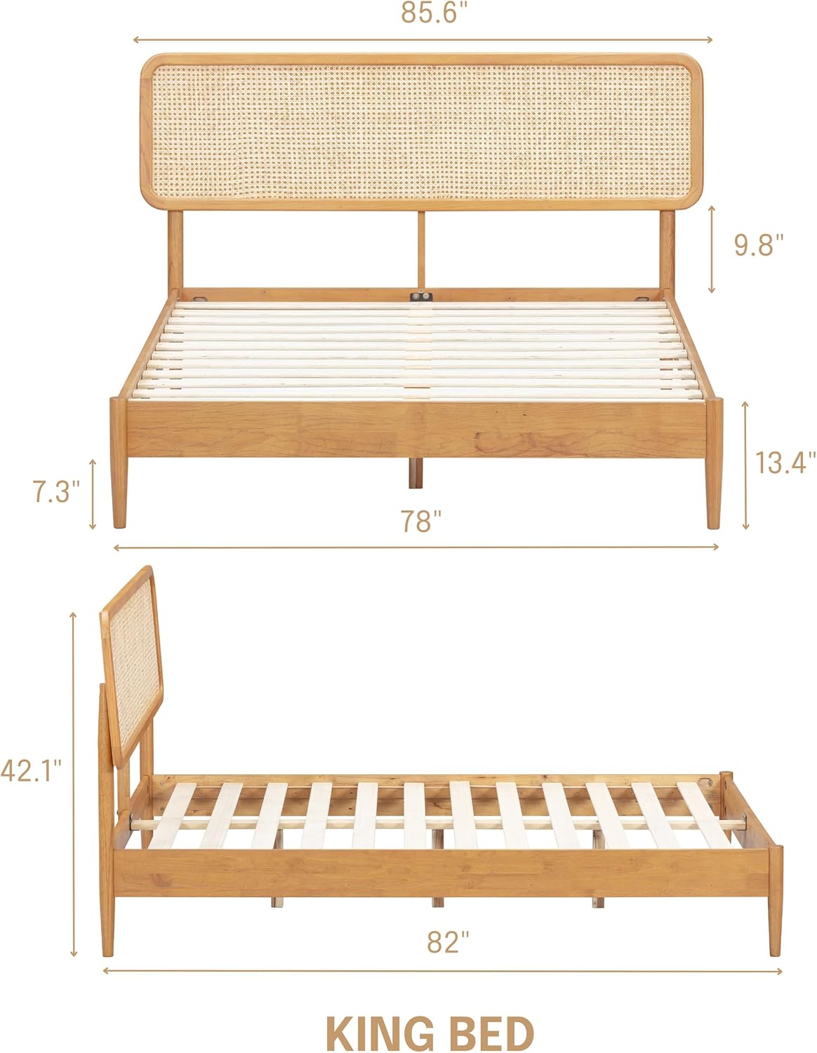 NTC Lupin Wooden Bed Frame with Headboard and Natural Rattan, Solid Oak/Rubber Wood Foundation with Silent Slats, 1000 Lb Capacity, Effortless Assembly (Natural Cane - Rustic Oak, King) : Home & Kitchen