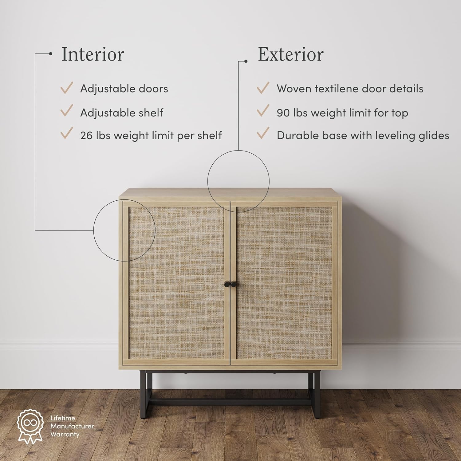 Nathan James Kova Accent Sideboard Storage Cabinet in Light Wood and Rattan with Metal Frame, Adjustable Shelves and Cane Doors, for Hallway, or Living Room, Light Oak/Cane/Black