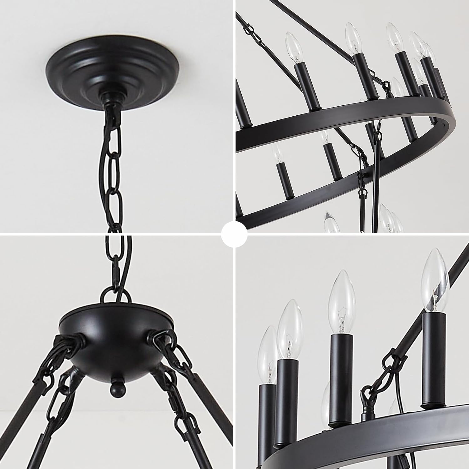 Black Wagon Wheel Chandelier 2 Tier 36-Light, 48-Inch Large Farmhouse Industrial Chandelier Round Rustic Pendant Light Fixture for High Ceilings Foyer, Entryway, Dining Room, E12