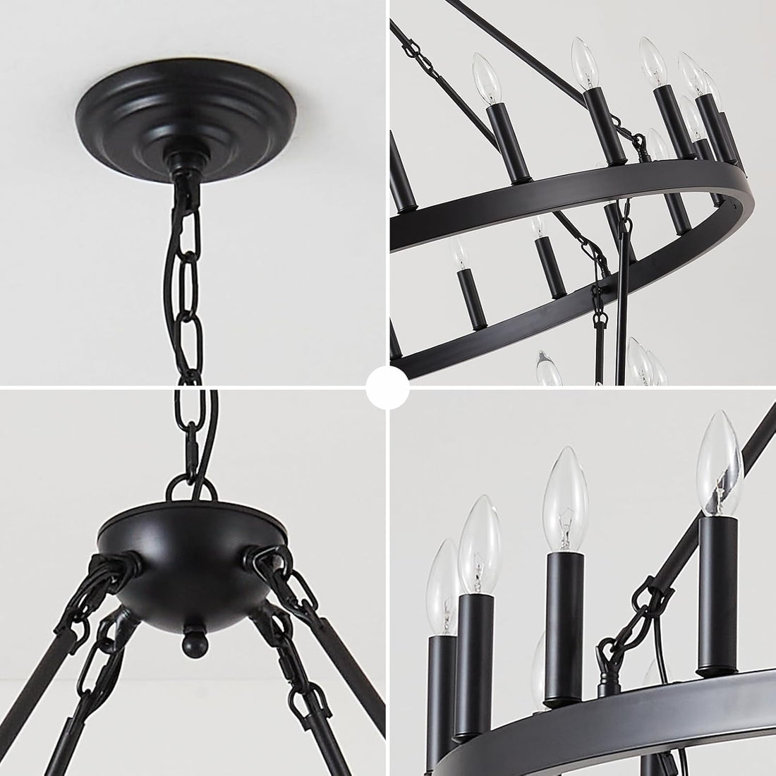 Black Wagon Wheel Chandelier 2 Tier 36-Light, 48-Inch Large Farmhouse Industrial Chandelier Round Rustic Pendant Light Fixture for High Ceilings Foyer, Entryway, Dining Room, E12