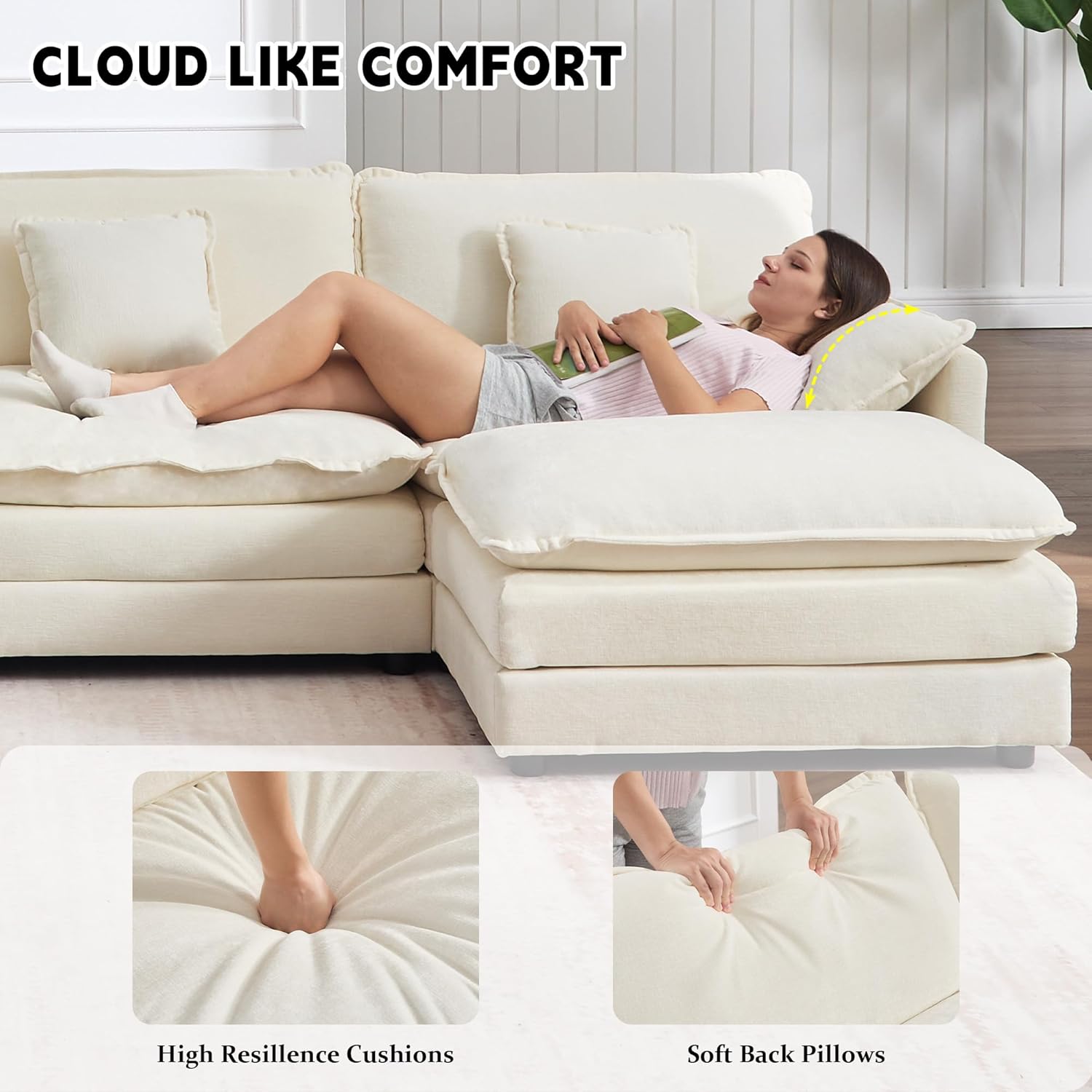 GNIXUU 111.5“ Modular Sectional Sofa, Comfy Chenille Cloud Couch with Movable Ottoman, L Shaped Sectional Couches for Living Room, Apartment, Office(Beige White)