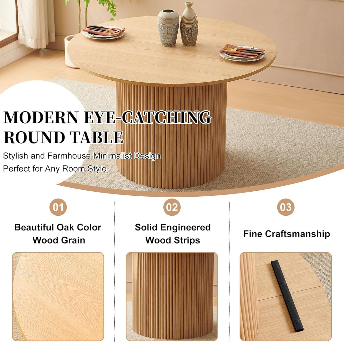 47.24-Inch Round Dining Table Fluted for 4-6 People, Modern Mid-Century Circle Kitchen Table with Two-Part Tabletop & Engineered Wood Stripe Columns Base, Oak Wood Veneer Tabletop, Metal Frame