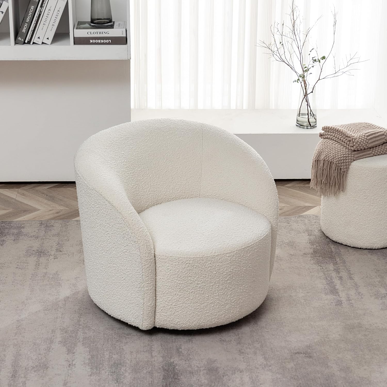 KINWELL 34" W Mid Century Modern Swivel Barrel Chair, Round Upholstered Boucle Swivel Accent Chairs, No Assembly Sofa Chair for Living Room Bedroom Reading Apartment Lounge Nursery(Cream) : Home & Kitchen