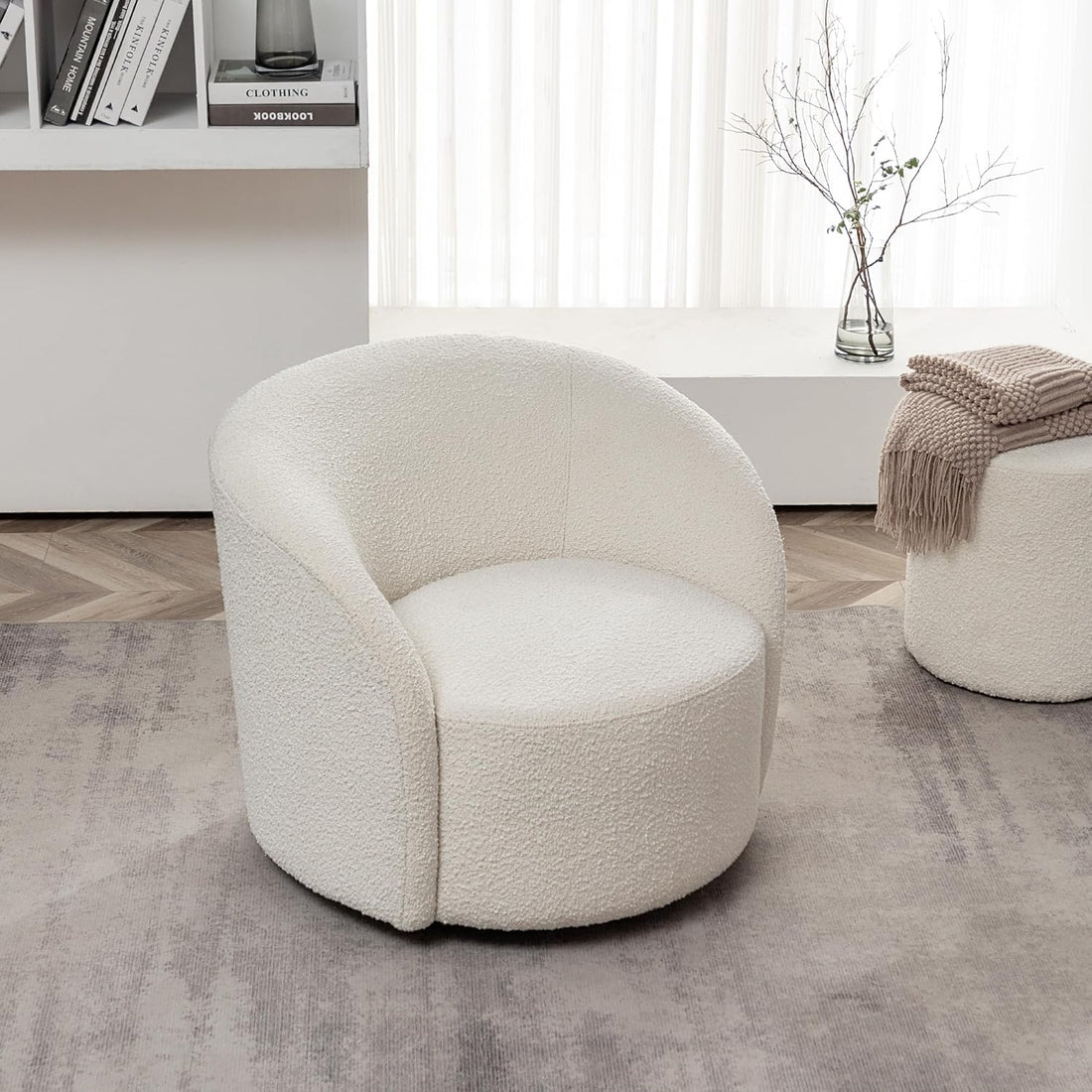 KINWELL 34" W Mid Century Modern Swivel Barrel Chair, Round Upholstered Boucle Swivel Accent Chairs, No Assembly Sofa Chair for Living Room Bedroom Reading Apartment Lounge Nursery(Cream) : Home & Kitchen