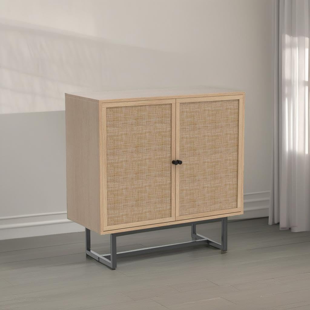 Nathan James Kova Accent Sideboard Storage Cabinet in Light Wood and Rattan with Metal Frame, Adjustable Shelves and Cane Doors, for Hallway, or Living Room, Light Oak/Cane/Black