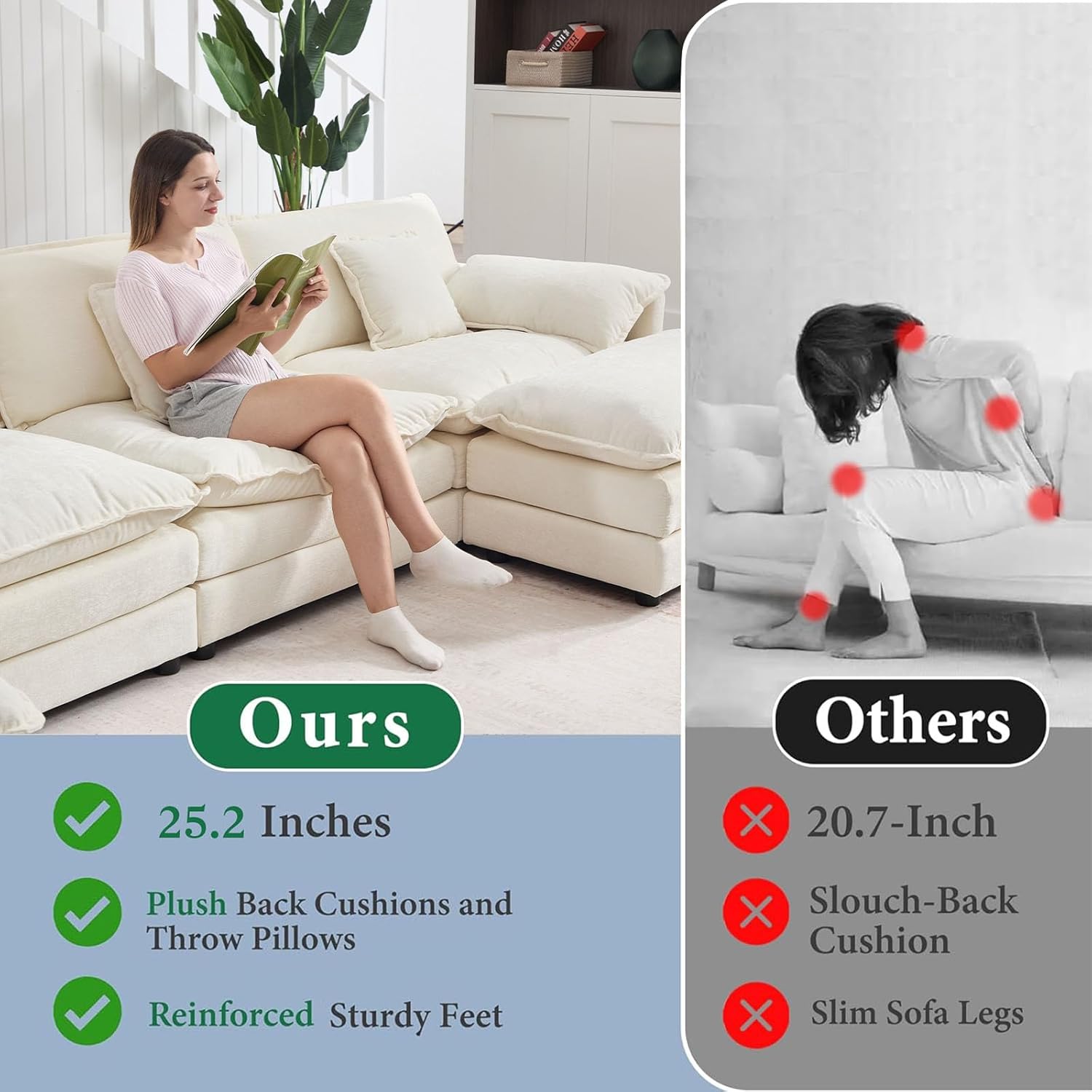 GNIXUU 111.5“ Modular Sectional Sofa, Comfy Chenille Cloud Couch with Movable Ottoman, L Shaped Sectional Couches for Living Room, Apartment, Office(Beige White)