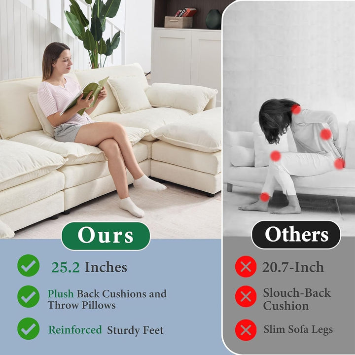 GNIXUU 111.5“ Modular Sectional Sofa, Comfy Chenille Cloud Couch with Movable Ottoman, L Shaped Sectional Couches for Living Room, Apartment, Office(Beige White)