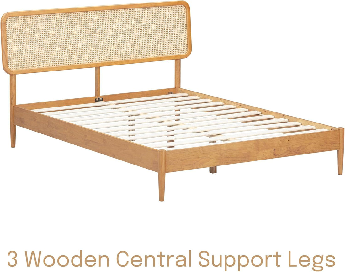NTC Lupin Wooden Bed Frame with Headboard and Natural Rattan, Solid Oak/Rubber Wood Foundation with Silent Slats, 1000 Lb Capacity, Effortless Assembly (Natural Cane - Rustic Oak, King) : Home & Kitchen