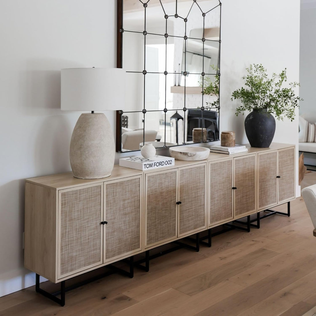 Nathan James Kova Accent Sideboard Storage Cabinet in Light Wood and Rattan with Metal Frame, Adjustable Shelves and Cane Doors, for Hallway, or Living Room, Light Oak/Cane/Black