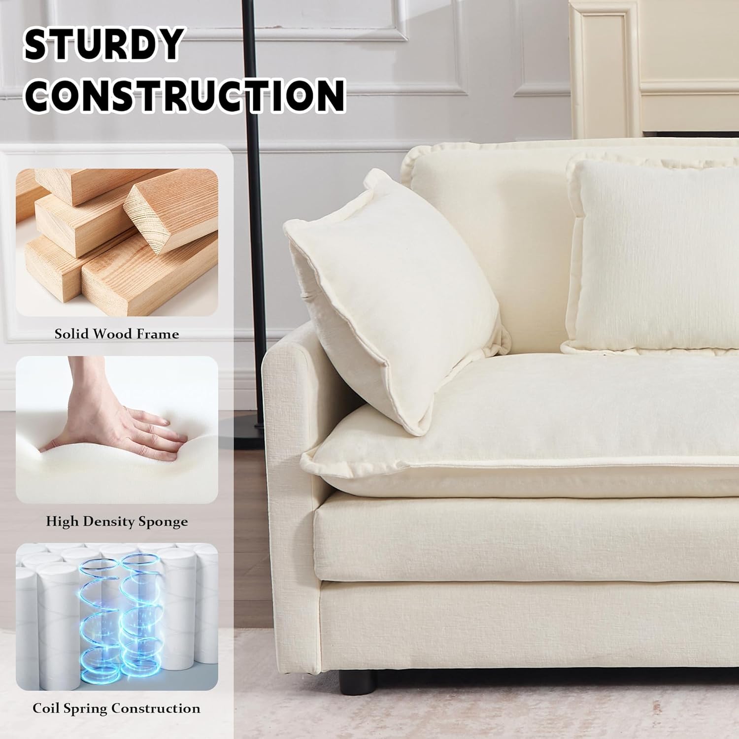 GNIXUU 111.5“ Modular Sectional Sofa, Comfy Chenille Cloud Couch with Movable Ottoman, L Shaped Sectional Couches for Living Room, Apartment, Office(Beige White)