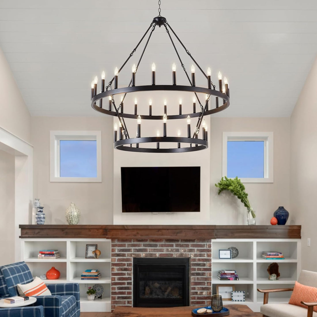 Black Wagon Wheel Chandelier 2 Tier 36-Light, 48-Inch Large Farmhouse Industrial Chandelier Round Rustic Pendant Light Fixture for High Ceilings Foyer, Entryway, Dining Room, E12