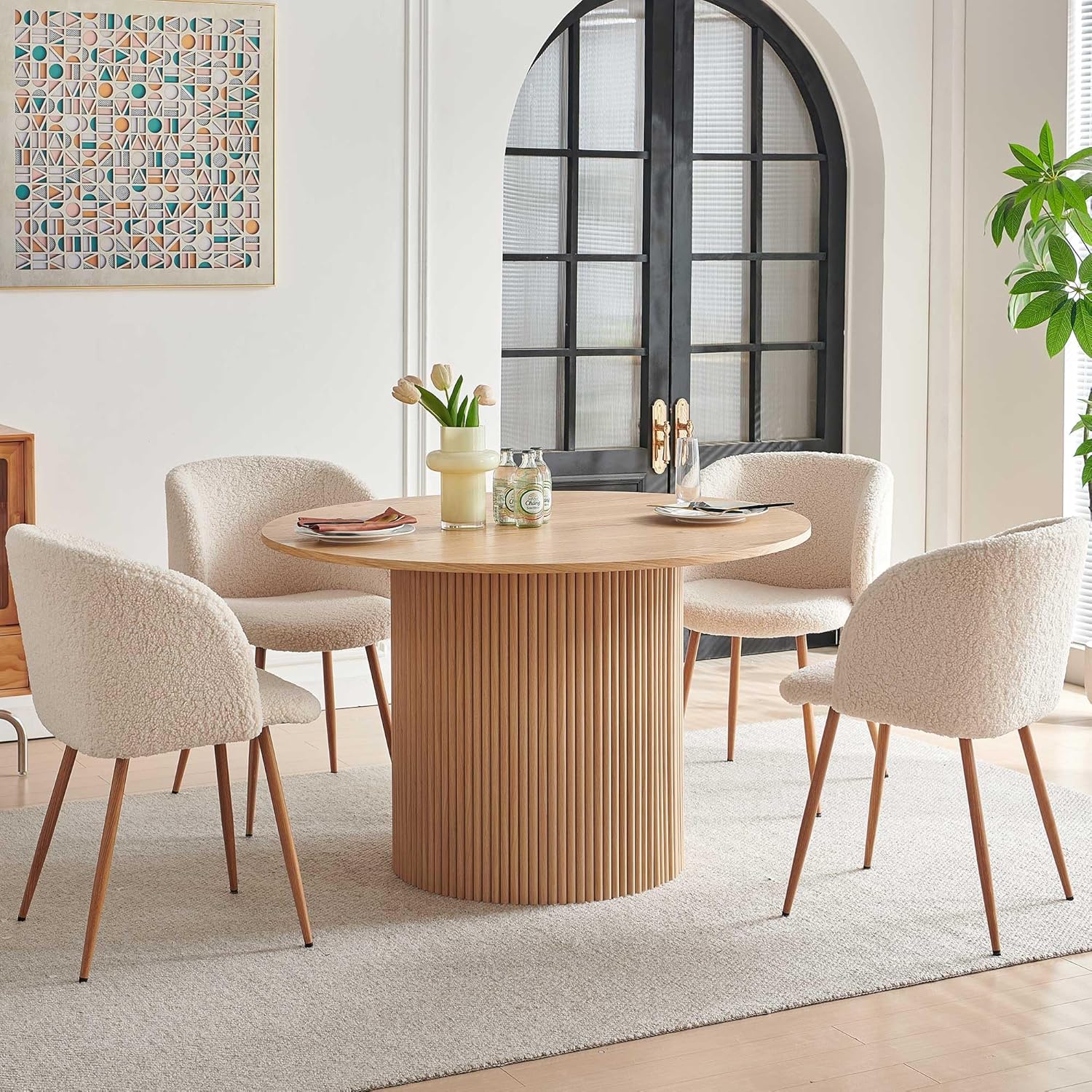 47.24-Inch Round Dining Table Fluted for 4-6 People, Modern Mid-Century Circle Kitchen Table with Two-Part Tabletop & Engineered Wood Stripe Columns Base, Oak Wood Veneer Tabletop, Metal Frame