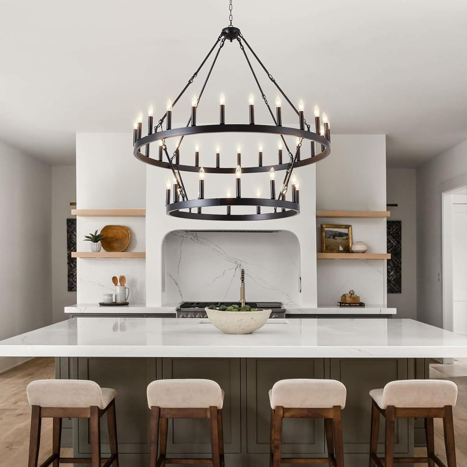 Black Wagon Wheel Chandelier 2 Tier 36-Light, 48-Inch Large Farmhouse Industrial Chandelier Round Rustic Pendant Light Fixture for High Ceilings Foyer, Entryway, Dining Room, E12