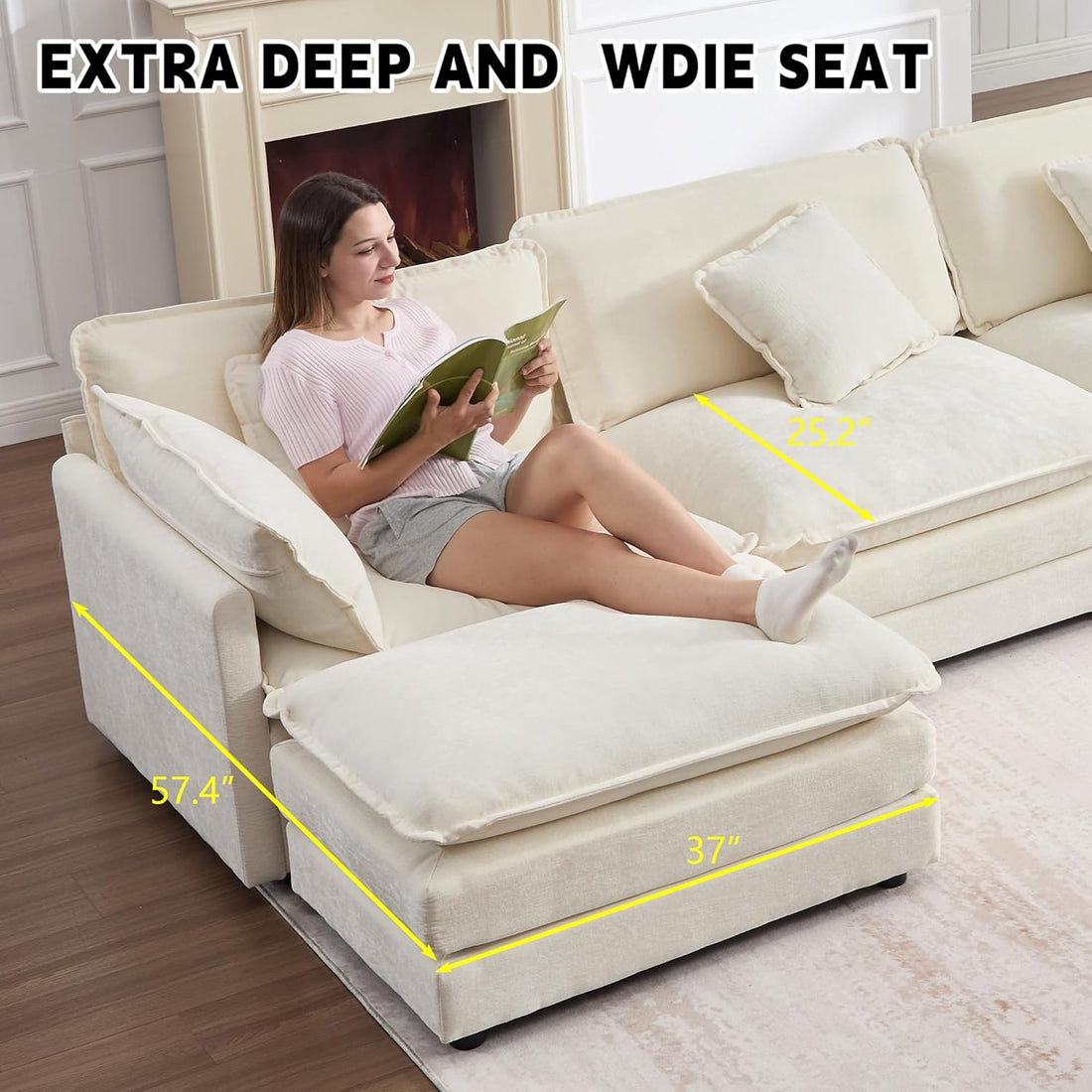 GNIXUU 111.5“ Modular Sectional Sofa, Comfy Chenille Cloud Couch with Movable Ottoman, L Shaped Sectional Couches for Living Room, Apartment, Office(Beige White)