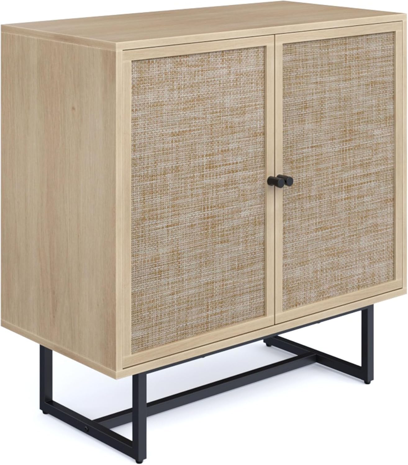 Nathan James Kova Accent Sideboard Storage Cabinet in Light Wood and Rattan with Metal Frame, Adjustable Shelves and Cane Doors, for Hallway, or Living Room, Light Oak/Cane/Black