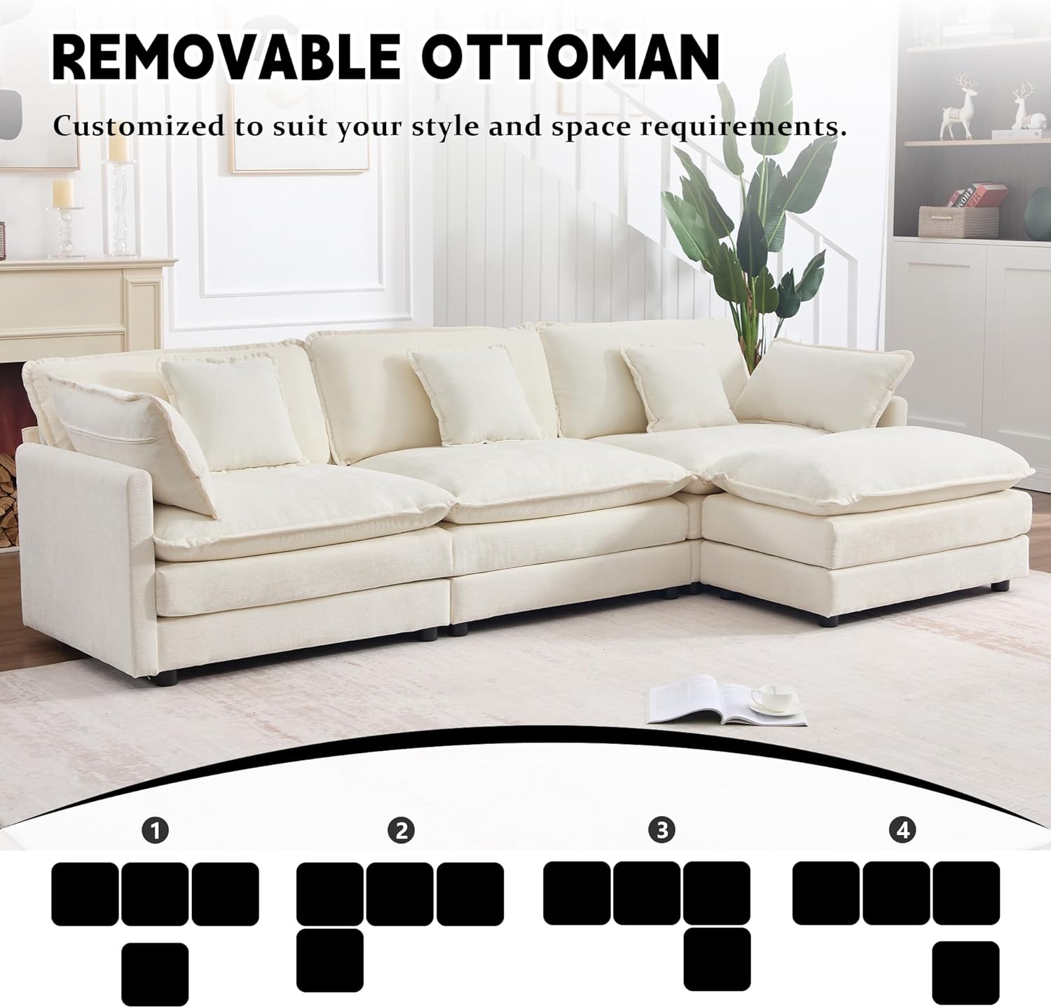 GNIXUU 111.5“ Modular Sectional Sofa, Comfy Chenille Cloud Couch with Movable Ottoman, L Shaped Sectional Couches for Living Room, Apartment, Office(Beige White)