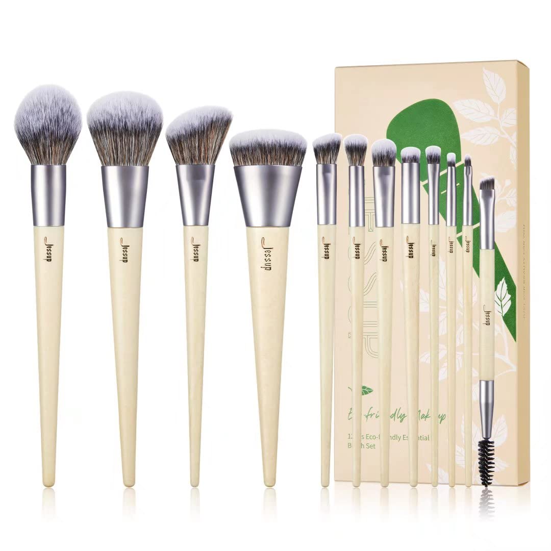 Jessup Vegan Makeup Brushes Set Premium Synthetic Powder Foundation Highlight Concealer Eyeshadow Blending Eyebrow Liner Spoolie Brush Set Burlywood 12pcs T327