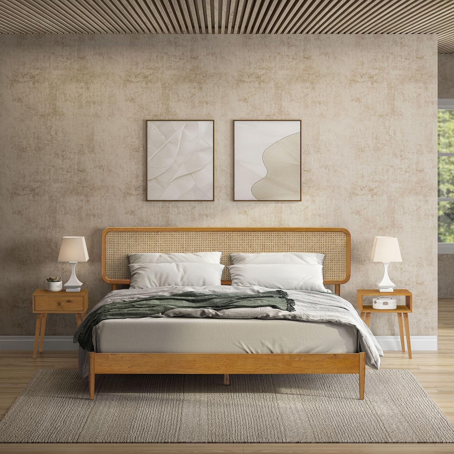 NTC Lupin Wooden Bed Frame with Headboard and Natural Rattan, Solid Oak/Rubber Wood Foundation with Silent Slats, 1000 Lb Capacity, Effortless Assembly (Natural Cane - Rustic Oak, King) : Home & Kitchen