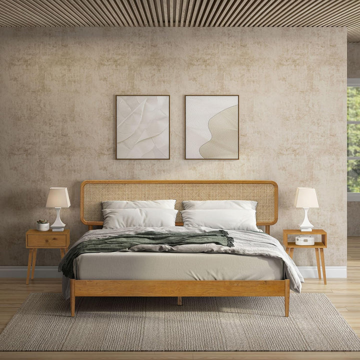 NTC Lupin Wooden Bed Frame with Headboard and Natural Rattan, Solid Oak/Rubber Wood Foundation with Silent Slats, 1000 Lb Capacity, Effortless Assembly (Natural Cane - Rustic Oak, King) : Home & Kitchen