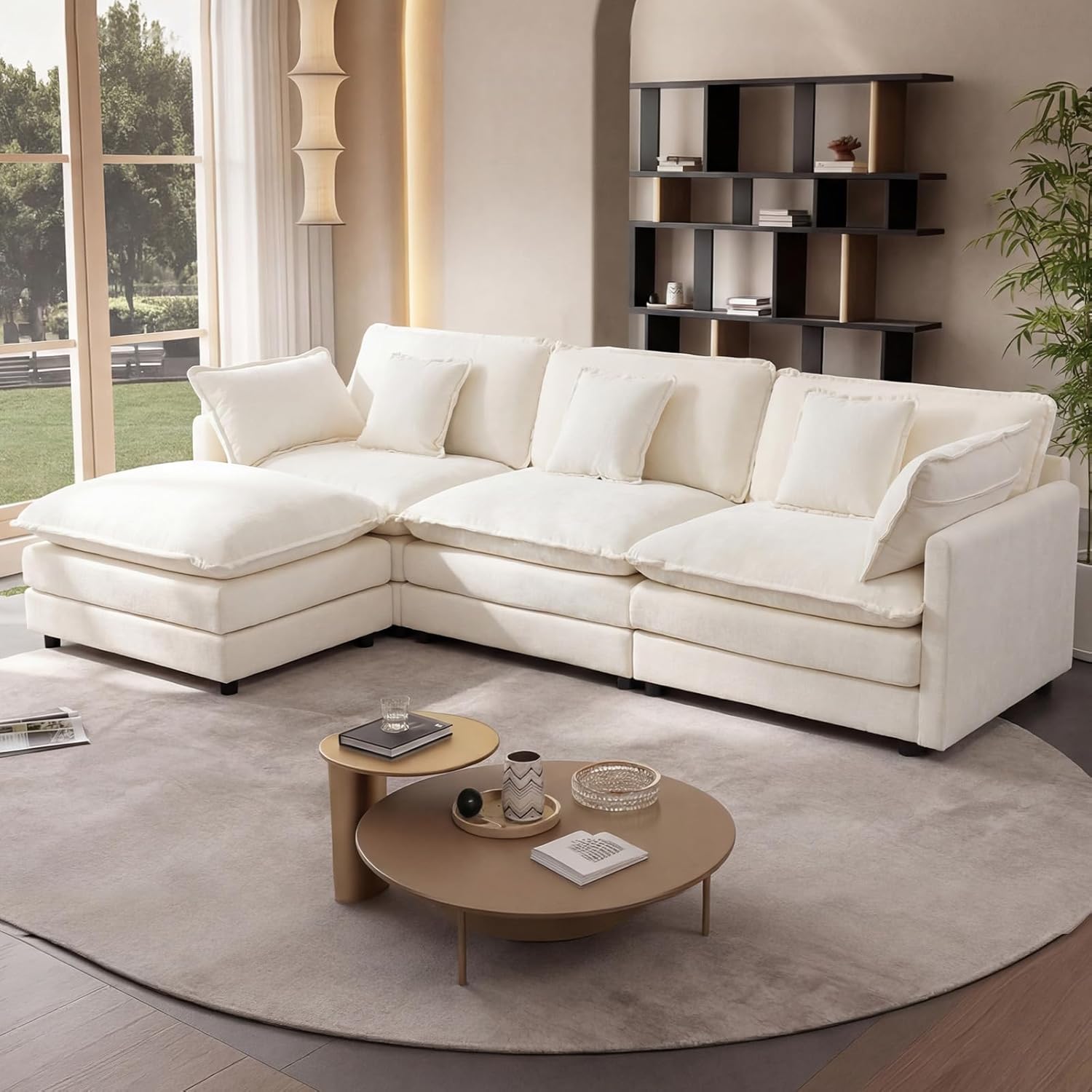 GNIXUU 111.5“ Modular Sectional Sofa, Comfy Chenille Cloud Couch with Movable Ottoman, L Shaped Sectional Couches for Living Room, Apartment, Office(Beige White)