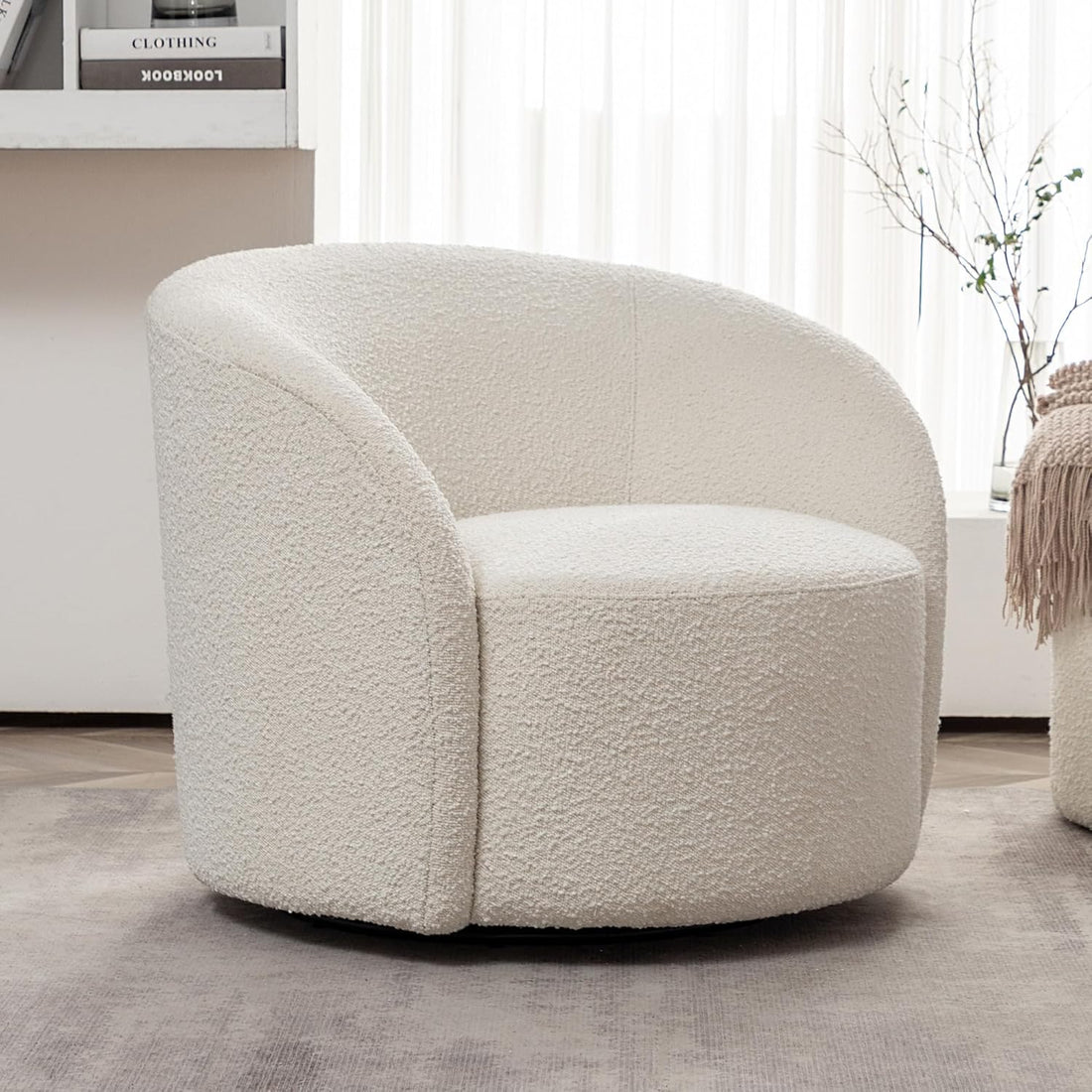 KINWELL 34" W Mid Century Modern Swivel Barrel Chair, Round Upholstered Boucle Swivel Accent Chairs, No Assembly Sofa Chair for Living Room Bedroom Reading Apartment Lounge Nursery(Cream) : Home & Kitchen