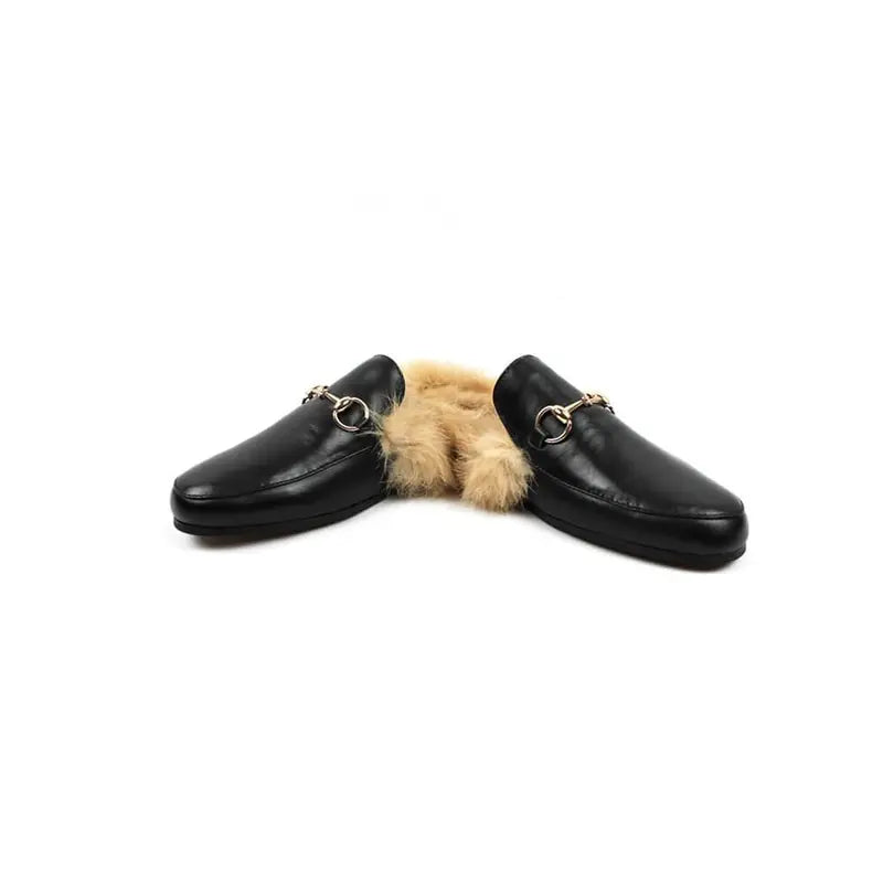 Slip On Mens Black Leather Backless Shoes With Fur Loafers Mule With Gold Buckle By AZARMAN