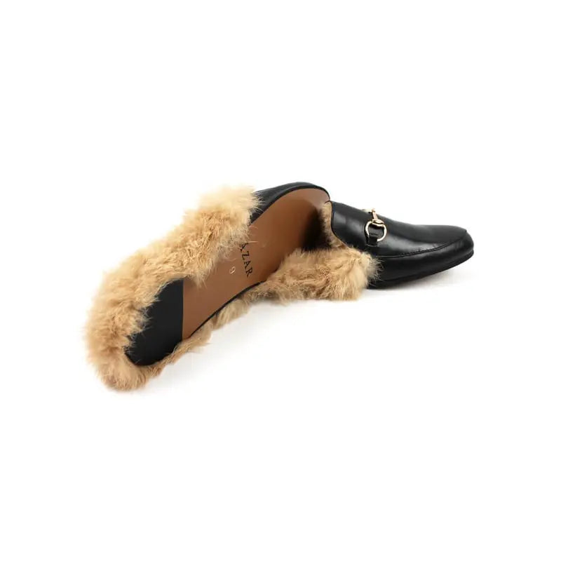 Slip On Mens Black Leather Backless Shoes With Fur Loafers Mule With Gold Buckle By AZARMAN