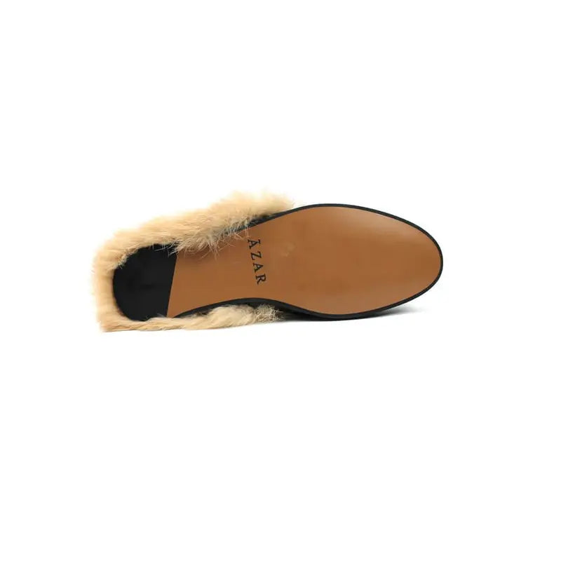 Slip On Mens Black Leather Backless Shoes With Fur Loafers Mule With Gold Buckle By AZARMAN