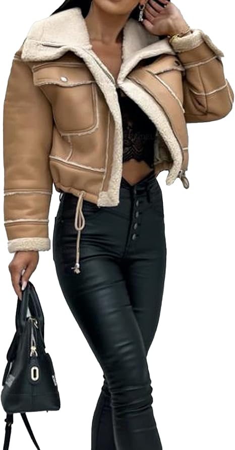 Sexyshine Women's Faux Shearing Moto Bomber Jacket Sherpa-Lined Coat Winter Aviator Leather Coat Outerwear