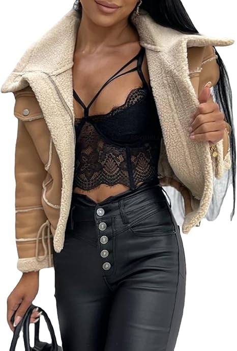 Sexyshine Women's Faux Shearing Moto Bomber Jacket Sherpa-Lined Coat Winter Aviator Leather Coat Outerwear