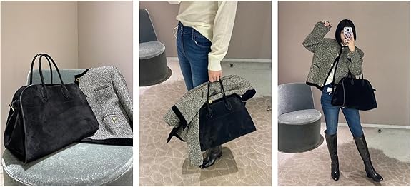 Luxury Suede Tote Bag for Women - Large Designer Inspired Handbag - Fashion Top Handle Work Bag - Brown/Black Hobo Purse