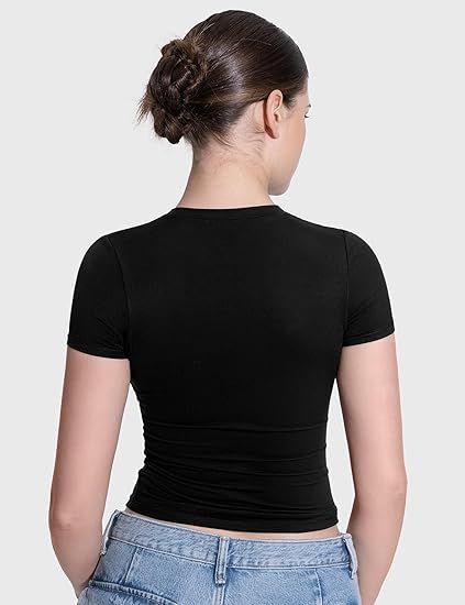 PUMIEY Women's Crew Neck Short Sleeve Tops Double Lined Slim Fit T Shirts Basic Tee Smoke Cloud Pro Collection