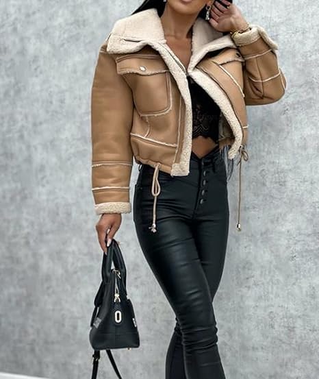 Sexyshine Women's Faux Shearing Moto Bomber Jacket Sherpa-Lined Coat Winter Aviator Leather Coat Outerwear