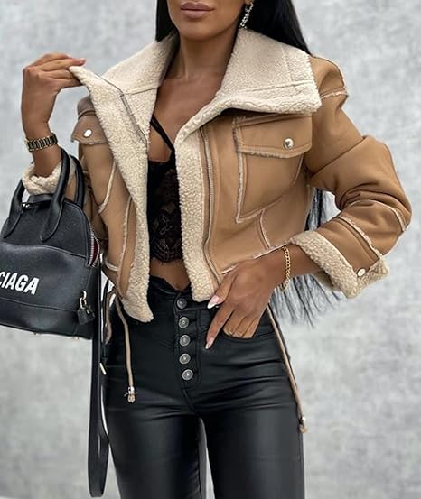 Sexyshine Women's Faux Shearing Moto Bomber Jacket Sherpa-Lined Coat Winter Aviator Leather Coat Outerwear