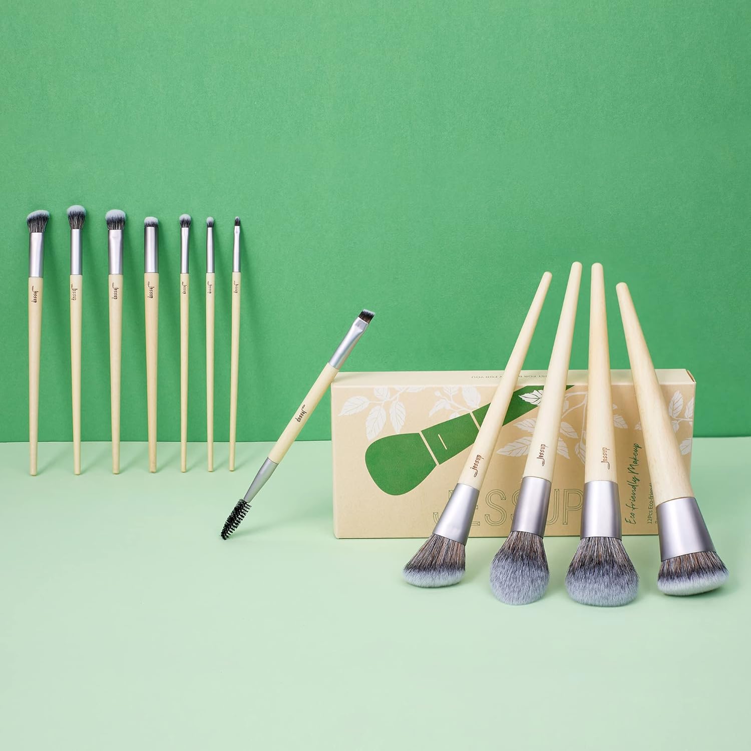 Jessup Vegan Makeup Brushes Set Premium Synthetic Powder Foundation Highlight Concealer Eyeshadow Blending Eyebrow Liner Spoolie Brush Set Burlywood 12pcs T327