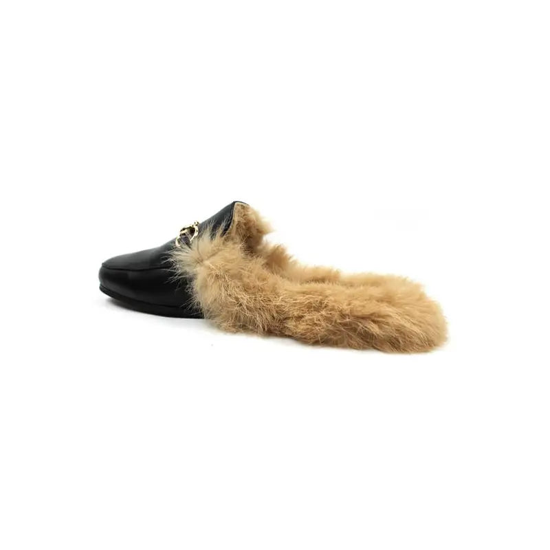 Slip On Mens Black Leather Backless Shoes With Fur Loafers Mule With Gold Buckle By AZARMAN