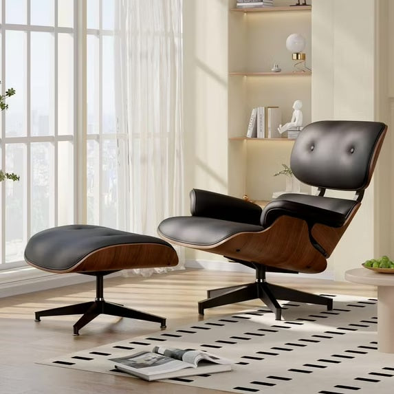 Daluvenix Mid-Century Eames Style Lounge Chair and Ottoman Set, Genuine Leather Chaise Lounge Chair with Wood Frame for Living Room, Bedroom, Office